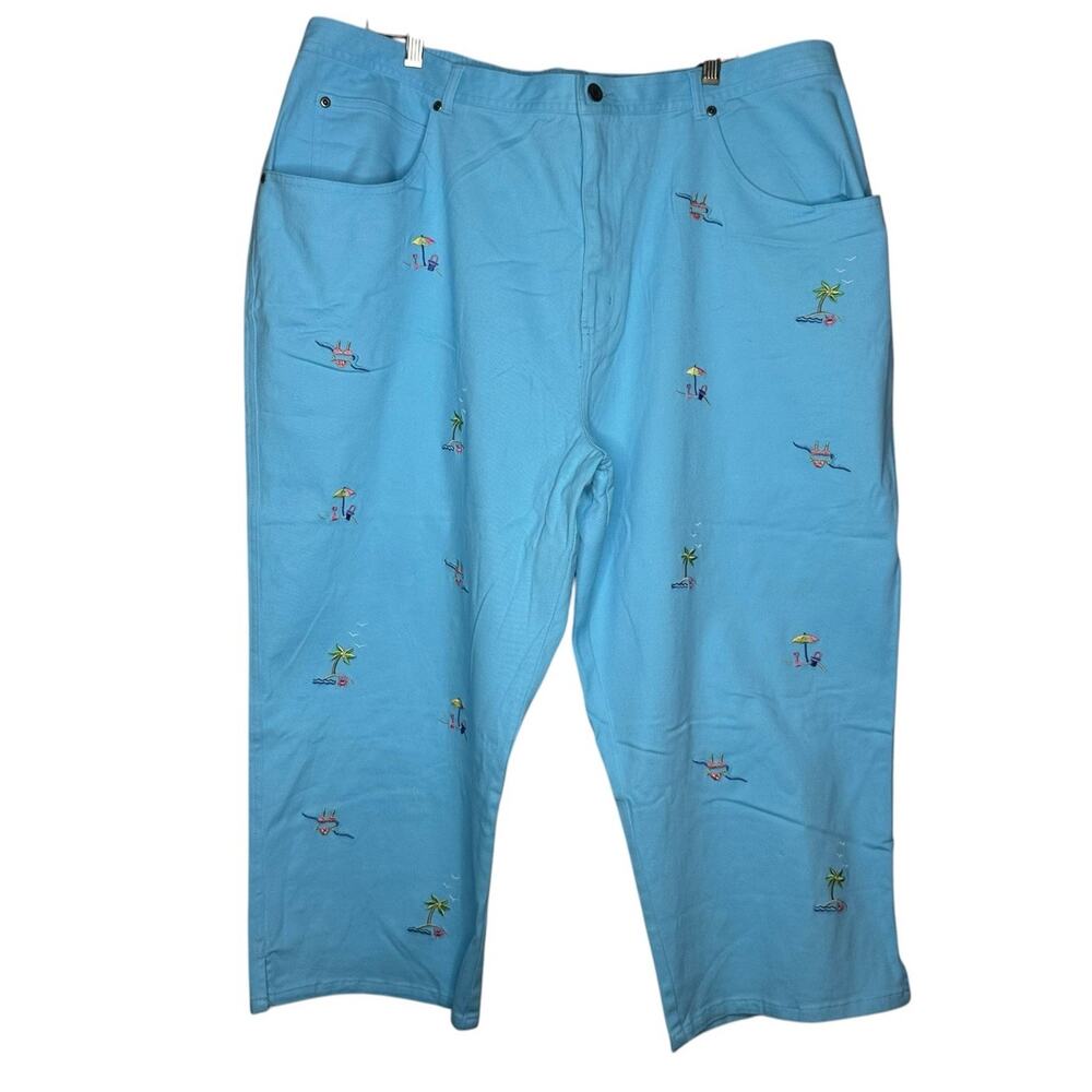 Quacker Factory Aqua Blue Five Pocket Embroidered Elastic Capris Plus Size 3X